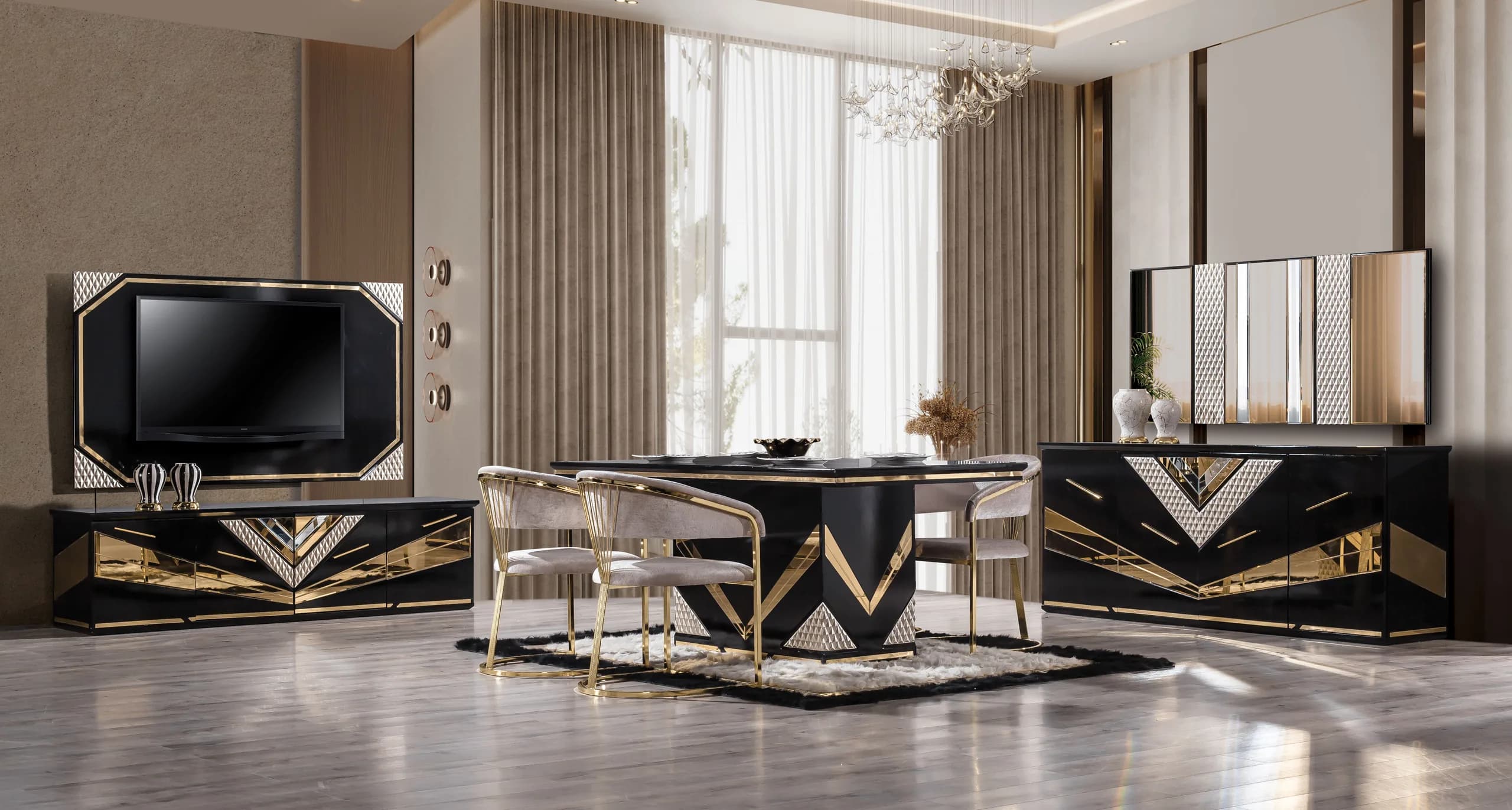 An Angel dining suite — chevron-inlaid table, console and TV unit in lacquer and brushed gold